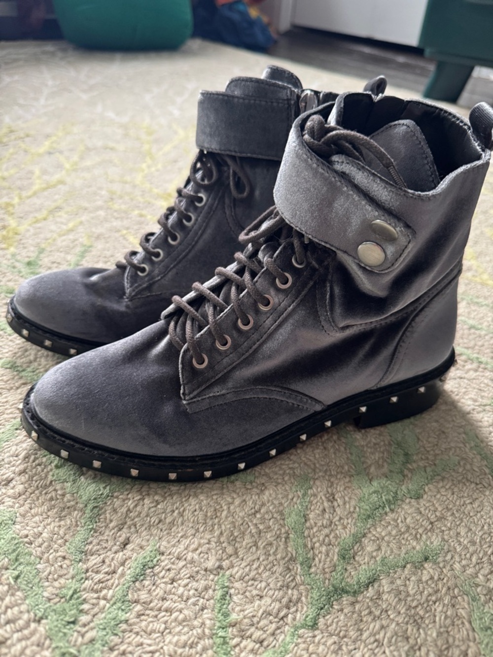 Vince Camuto Talorini studded velvet combat boots in a grey or "granite” 6